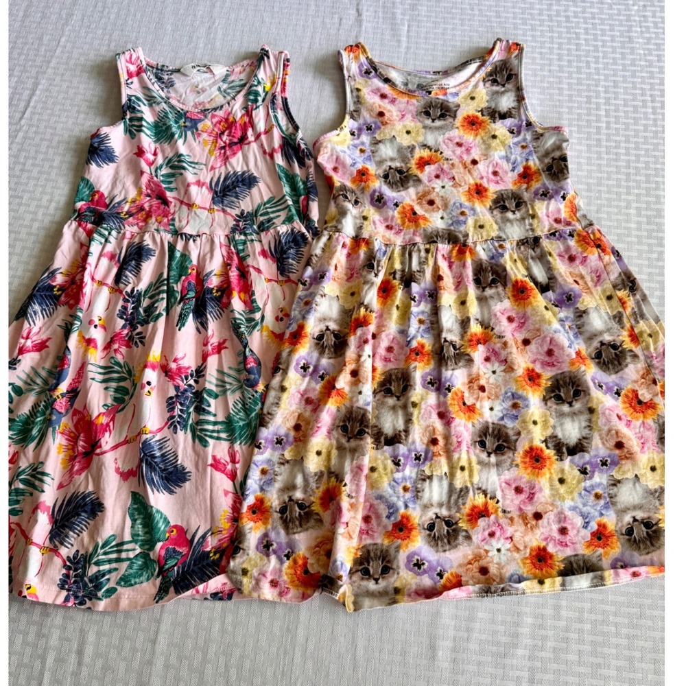 HM Girls 2 Pack Kitten Floral Tropical Bird Sundress Set Pink Size 8/10 134/140